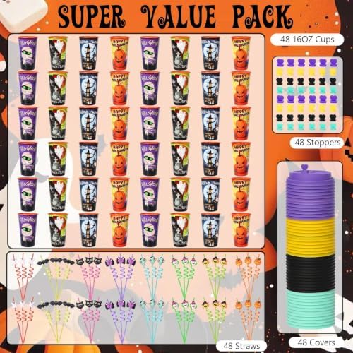 48 Pack Halloween Party Decorations Cups with Lids and Silly Straws Bulk - Image 6