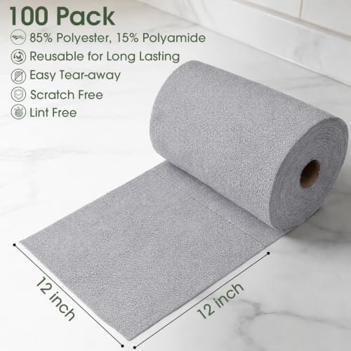 Reusable Microfiber Cleaning Cloth Roll - 100 Pack, 12"x12" Washable Tear-Away Paper Towels, Lint-Free & Streak-Free Rags for Kitchen, Glass, Cars, Electronics, Workshop and Garage(Cloud Gray) - Image 2