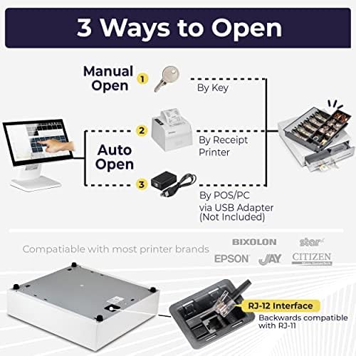 Volcora Cash Register Drawer for Point of Sale (POS) System - White and Stainless Steel Front - Fully Removable 2 Tier Cash Tray, 5 Bill/8 Coin, 12-24V, RJ11/RJ12 Key-Lock - Image 4