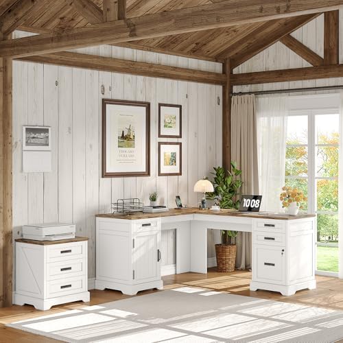 Whalefall 67'' Farmhouse L-Shaped Desk with Drawers for Home Office, White - Image 4