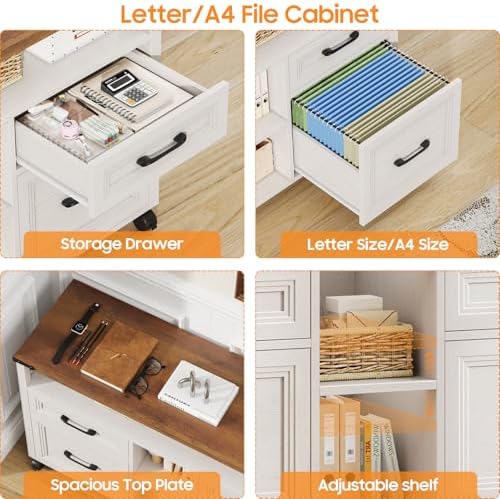 Halitaa Farmhouse Filing Cabinet with Adjustable Shelf & Wheels, Off White - Image 4