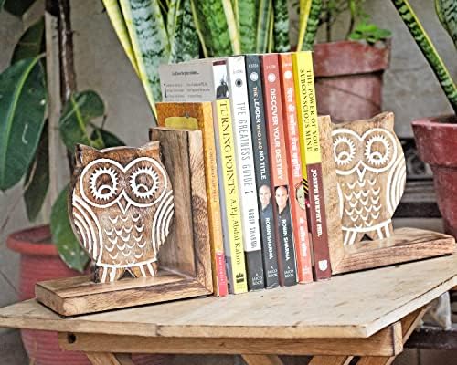 eTroves Wood Bookends for Shelves. Decorative Wooden Owl Bookend for Heavy Books, White Wood, 6 Inch - Image 5