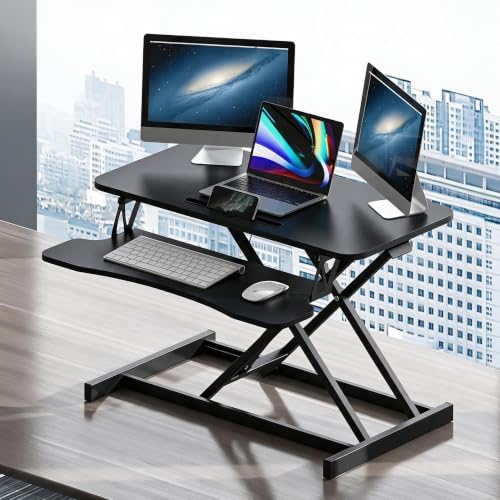 32 Inch Adjustable Standing Desk, Dual Monitor Sit Stand Desk with Wide Keyboard Tray for Table Home Office (Black) by QSOSTNS