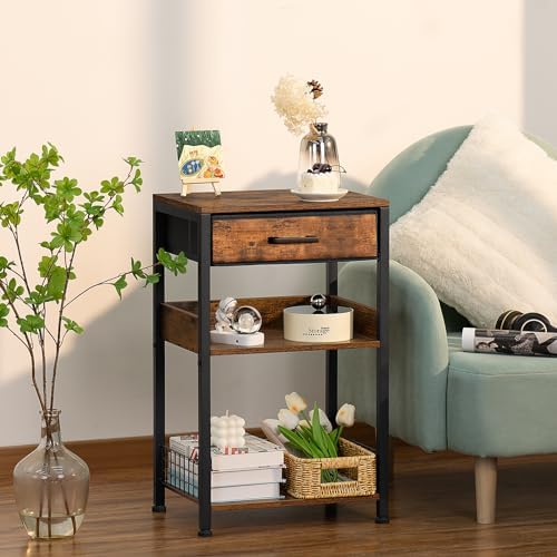 Lerliuo End Table with Fabric Drawer,3 Tier Industrial Wood Side Table with Storage,Modern Tall Printer Stand,Vintage Brown Nightstand,Rustic Bedside Tables for Living Room Bedroom Small Spaces - Image 6