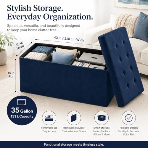 ALASDO 43 Inch Folding Storage Ottoman Bench with Hidden Storage, Velvet Storage Ottoman Foot Rest Stool, End of Bed Bench for Bedroom, Living Room, Entryway and Closet, Navy Blue - Image 5