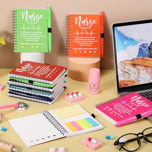 Resurhang 20 Sets Nurses Week Gifts Bulk 2026 Nurse Appreciation Gifts Nursing Thank You Gift Notebook with Pen in Holder and Sticky Note Notepad Marker Index Tab Inspiring Journal Ballpoint Pen - Image 4