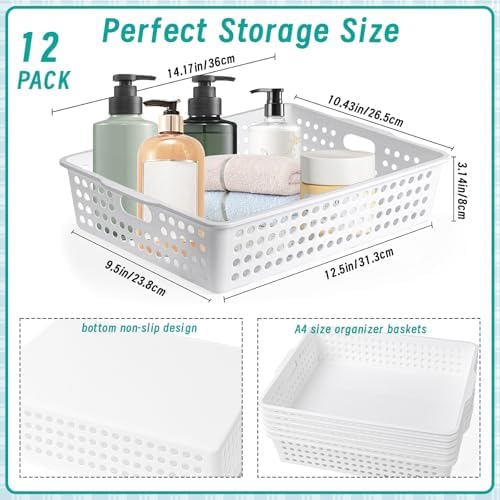 12 Pcs Plastic Storage Baskets Bulk 14 x 10 In Stackable Storage Bin with Handles A4 Size Desktop File Letter Organizer Tray Multi-purpose Container for Shelve Desktop Classroom Office Home Playroom - Image 2