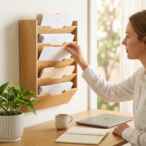Yeaqee Hanging Wall File Organizer 15" x 12.6" x 3.9" Natural Bamboo 5 Tier - Image 5