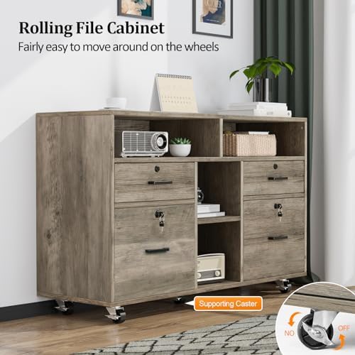 VINGLI Wide 4 Drawer File Cabinet with Lock, Rustic Grey Rolling File Cabinet with Open Shelves, Lockable Printer Stand, Letter Sized - Image 6
