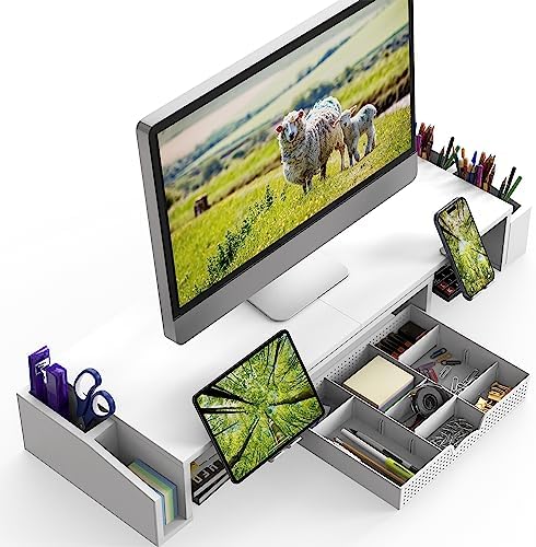 Simple Houseware Desk Dual Monitor Stand Riser with Drawer, White - Image 2