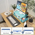OPNICE Desk Organizer and Accessories, 2-Tier Computer Monitor Stand Riser with Drawer and 2 Pen Holders, Laptop Stand, Office Desk Accessories for Office Supplies, Teal Blue - Image 4