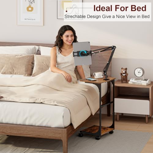 Floor Kindle Tablet iPad Stand with C-Shaped Side Table, Angle Height Adjustable iPad Tablet Kindle Holder for Bed with 360-Degree Rotating Wheels, Compatible with 4.7"-13" Kindle Cell Phone iPhone - Image 2