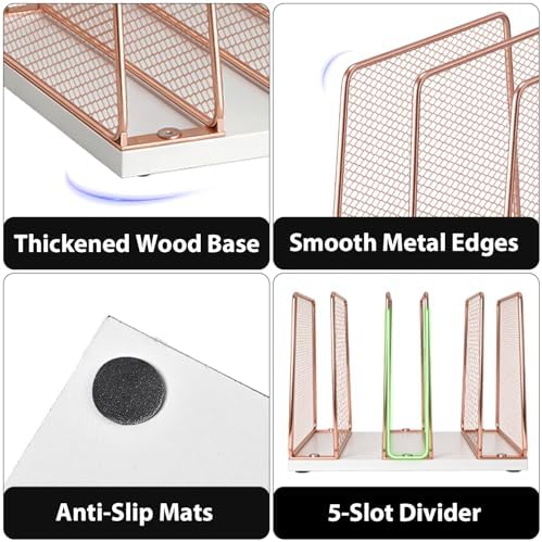 LEKETREE Rose Gold Desk File Organizer, 5-Section Upright File Sorter, Vertical File Folder Holder, Mesh Metal Wood Office Desktop Organization for Document, Magazine, Books and more (Rose Gold) - Image 5