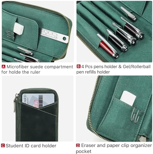 CONTACTS Full Grain Leather Pencil Case Handmade Vintage Zipper Pen Holder Pouch with Card Slot Pens Organizer Pockets Stationery Bag for Men and Women (Dark Green) - Image 3