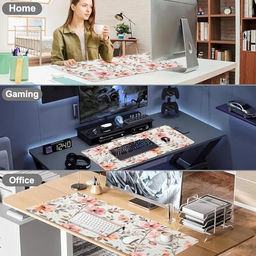 Pink Botanical Office Desk Mat 31.5" x 15.7" Desktop Mat PU Leather Large Mouse Pad White Mousepad Non-Slip Table Mat for Girls, Women, Home, Work, Computer, and Gaming - Image 6