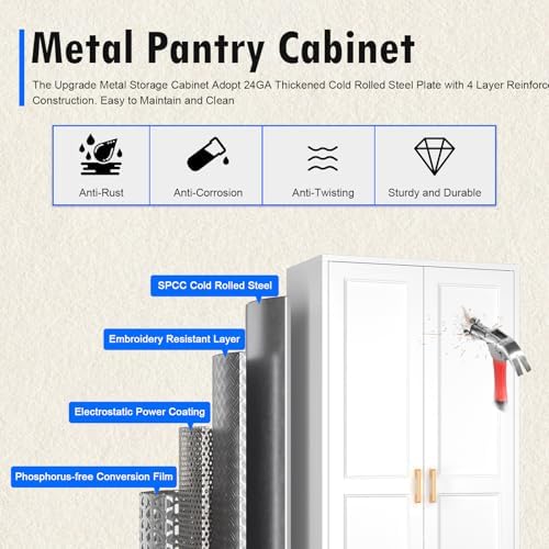 Polup 60" White Metal Kitchen Pantry Storage Cabinet with Doors and Shelves - Image 6