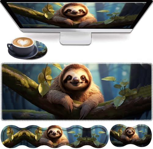 4 in 1 Mouse Pad Combo, Large Gaming Mouse Pad + Keyboard Wrist Support + Mouse Wrist Rest + Coaster, Table Pad with Stitched Edge Ergonomic Wrist Pad Set, Sloth by RVHOEZZM