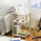 LELELINKY Side Table,White Marble Night Stand with Golden Metal Frame,3 Tier Industrial Wooden Record Player Stand with Vinyl Storage Shelf ,End Tables for Living Room Bedroom Small Spaces - Image 2