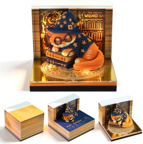 Time Piece Calendar 2027, 3D Sticky Notes Magic Cat Weekly Desk Calendar by ANTREATU