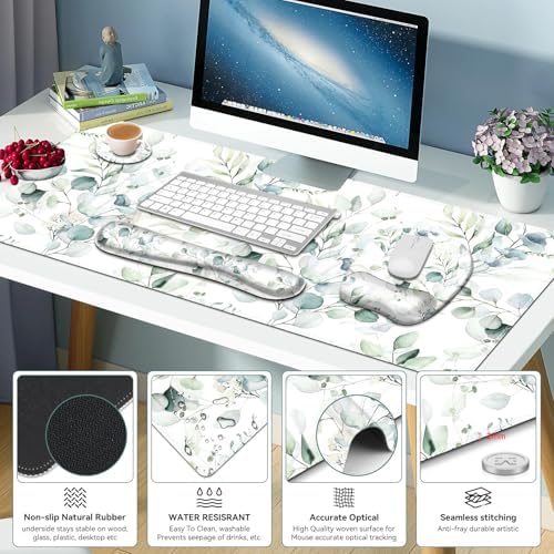 Large Mouse Pad with Wrist Support 4in1 Set, XXL Big Game Mousepad +Keyboard Wrist Rest+Mouse Wrist Rest+Coaster with Ergonomic Design Gaming Mat for Home Office Computer I Eucalyptus Branches - Image 4