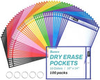 SUNEE 100 Packs Oversized Reusable Dry Erase Pocket Sleeves with 5 Rings, 10 Assorted Colors 10x14 Ticket Holders, Clear Plastic Sheet Protectors, Teacher School Classroom Supplies by SUNEE