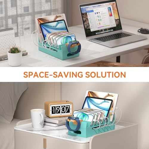 Bamboo Charging Stand for Multiple Devices Phone Watch Stand- Teal - Image 5