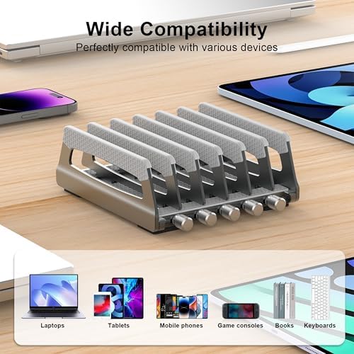 Elestoria 6-Slot Vertical Laptop Stand & Holder –Adjustable Aluminum Laptop Stand Vertical for Desk Fits 6 Devices, MacBook & Gaming Laptops (Up to 17.3”)–Space Saving Laptop Storage Rack - Grey - Image 4
