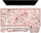 4 in 1 Large Mouse Pad, Keyboard Wrist Rest Set, Ergonomic Mouse Pad with Wrist Support, Desk Mat with Stitched Edges Extended Desk Pad Waterproof Desk Mat for Home Office Game I Pink Rose Flowers by NXZGO