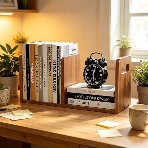 100% Solid Wood Adjustable Desktop Bookshelf With Movable Divider, Retro Tabletop Bookshelf With Convenient Handle Design for Living Room, Home, Office, Perfect for Magazines, Books, Files (Brown) - Image 2