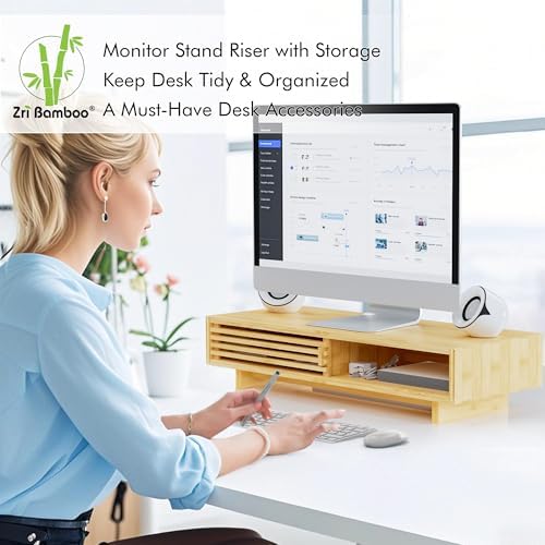 Zri Bamboo Computer Monitor Stand with Drawer, Dual Laptop Stand for Desk,Single Monitor Riser with Storage,Wood Office Desk Organizer & Accessories - Image 3