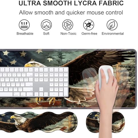 Ergonomic Keyboard Wrist Rest & Mouse Pad Wrist Rest Set,Large Gaming Desk Mat 31.5"x 11.8" with Non-Slip Base,Memory Foam,Easy Typing Pain Relief for Home & Office,Patriotic American Flag Bald Eagle - Image 3