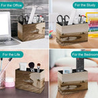 PU Leather Multi-Compartment Pen Holder Desktop Organizer Pencil Cup Storage Caddy for Office Home Supplies Closeup of A Tambourine on A Rustic Wooden Table Heavy Processing for Retro Bleached Look - Image 4
