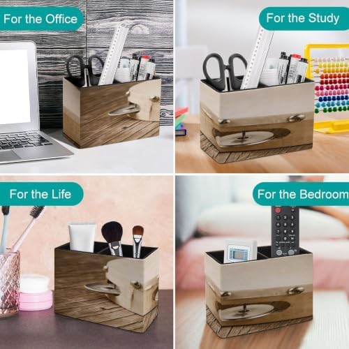 PU Leather Multi-Compartment Pen Holder Desktop Organizer Pencil Cup Storage Caddy for Office Home Supplies Closeup of A Tambourine on A Rustic Wooden Table Heavy Processing for Retro Bleached Look - Image 4