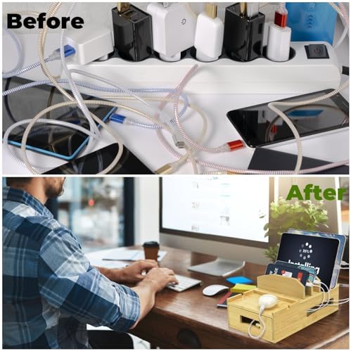 ZOOFOX Bamboo Charging Station for Multiple Devices, Desk Docking Station with Removable Divider Slots and Drawer, Bedside Charging Station Compatible with Smartphone, Tablet, Laptop, Earphone - Image 6
