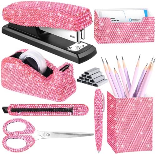 Demissle Pink 7 Pcs Bling Desk Accessories Set Office Kit for Women by Demissle