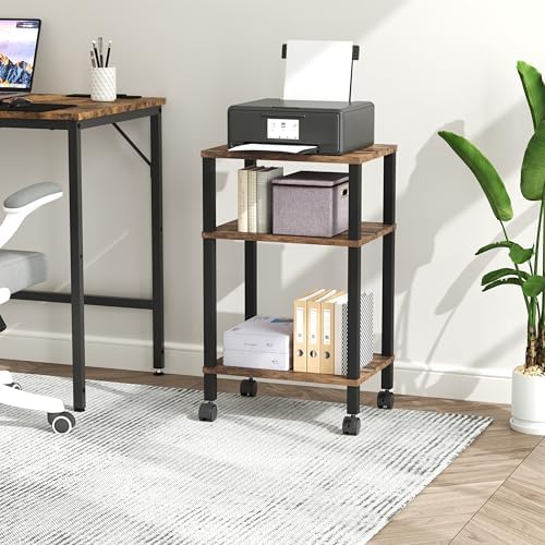 3-Tier Printer Stand with Storage, Mobile Printer Cart with Rolling Casters & Adjustable Feet, Under Desk Storage Shelf for Home Office, Small Printers,Rustic Brown, 15.7" x 11.8" x 25.9" - Image 2