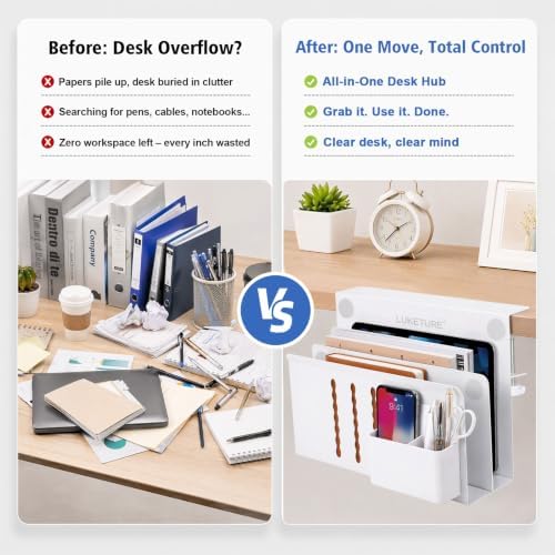 LUKETURE 2 Tier Desk Side Storage, No Drill Laptop Mount with Pen Holder - Image 6