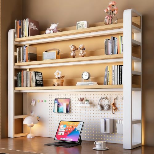 Desk Shelf-Includes a Pegboard and 31-Piece Storage Set, Desk Shelf Organizer for Top of Desk, Desk Hutch for Office & Home Office&Dorm (4-Tier White Frame + Natural Wood Board 61×9.8×48.5") by Unknown