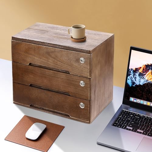 Wooden Desktop Storage Cabinet with 3 Lockable Drawers, Office Desk File Organizer, Small Wooden Drawer Storage Box for Home Office Supplies, Sewing Kits,Vanity, Walnut Color - Image 5