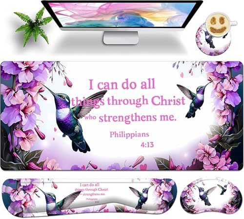 Premium Large Gaming Mouse Pad Set 35.4 x 15.7 with Keyboard Wrist Rest, Wrist Support, and Coaster Memory Foam Smooth Desk Pad Mousepad for Home Office School - Hummingbird Bible by Unknown