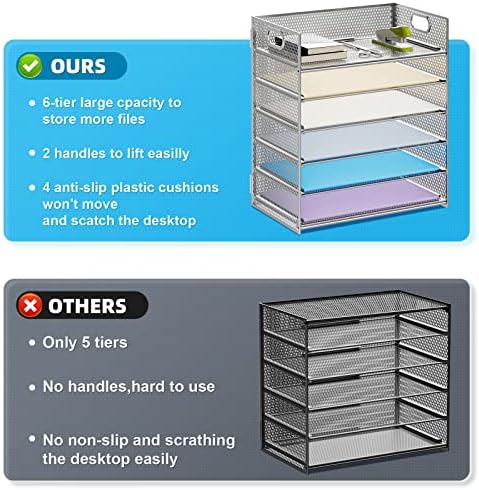 Marbrasse Paper Letter Tray - 6 Tier Mesh File Organizer with Handle, Paper Sorter for Letter/A4 Office File Folder Holder - Silver - Image 2