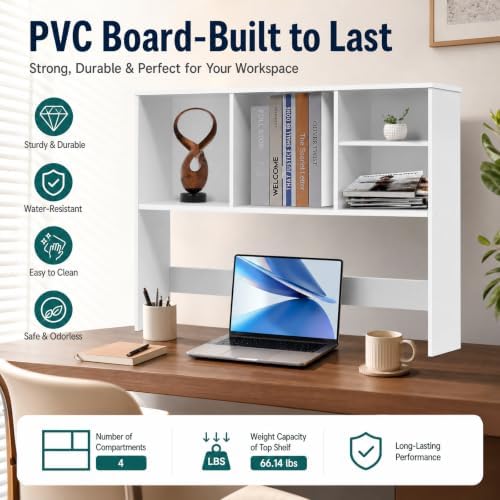 Desk Hutch with 4 Shelves Desktop Bookshelf Multi-Functional Desktop Organizer 2 Tire Desk Storage Shelf for Home Office (White) - Image 3