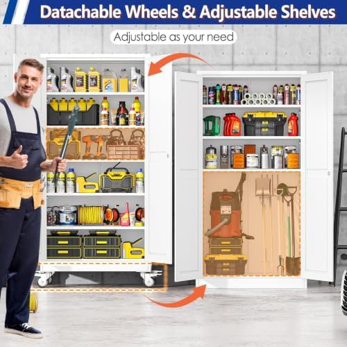 GAIOUS 73.6” Tall Metal Garage Storage Cabinet with Lock, Steel Tool Cabinet with 5 Adjustable Shelves, New Upgrade Lockable File Cabinet with Wheels, Organization for Home Office Garage Gym - White - Image 3
