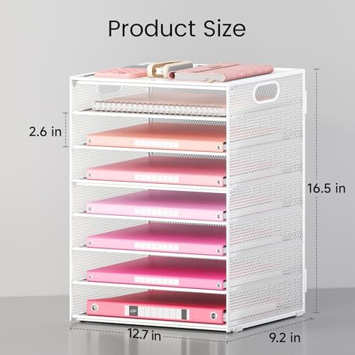 Lavatino 2 Pack 8-Tier Office Desk File Organizer, Letter Tray Paper Organizer with Handle, Including 5 Adjustable Slide Trays for Organizing Desk Workspace Accessories and Supplies (White Metal Mesh) - Image 2