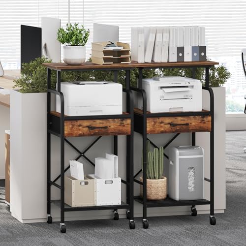 MAHANCRIS Tall Printer Stand, 3 Tier Printer Cart with Storage, Industrial Printer Table on Wheels, Adjustable Shelf & Fabric Drawer, for Home Office Study Rustic Brown PTHR5401 - Image 5