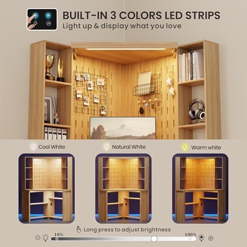 Corner Desk with - LED Reading Light, L-Shaped Computer Desk w/Hutch & Shelves, Home Office Desk w/Charging Station for Work & Study, File Cabinet Storage Bookshelf for Small Space (Natural) - Image 3