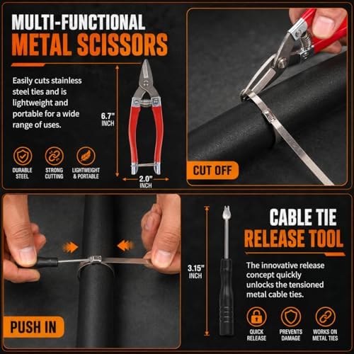 Stainless Steel Cable Tie Gun Set – 450PCS Silver Metal Zip Ties (6/8/12", 150PCS Each) with Scissors, Gloves, Storage Bag for Outdoor Fence Exhaust Automotive - Image 4