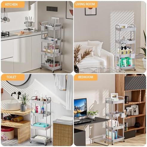 4 Tier Rolling Utility Cart with Handle,REBECAT Utility Cart Made of Multifunctional Storage Organizer Tool for Kitchen,Bathroom,Living Room,Office(Gray) - Image 6