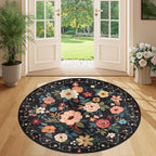 DUKINO 4ft Round Rug, Floral Washable Small Round Area Rug Non Slip, Black - Image 3