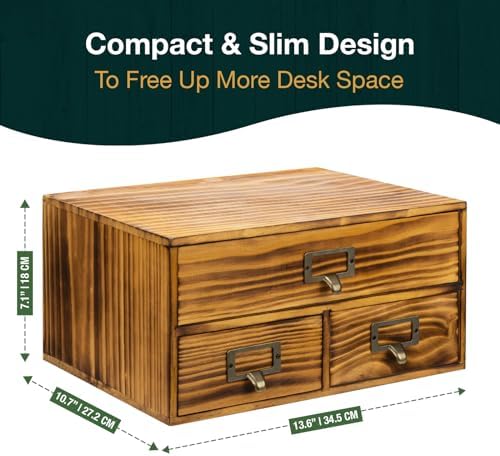 3-Drawer Charred Ebony Wood Desktop Cabinet - Classic Brown Desktop Chest Drawer Unit - Vintage Solid Wood Storage Drawers for Table - Office Study Table Organizer Cabinet - Card Catalog Drawers… - Image 2